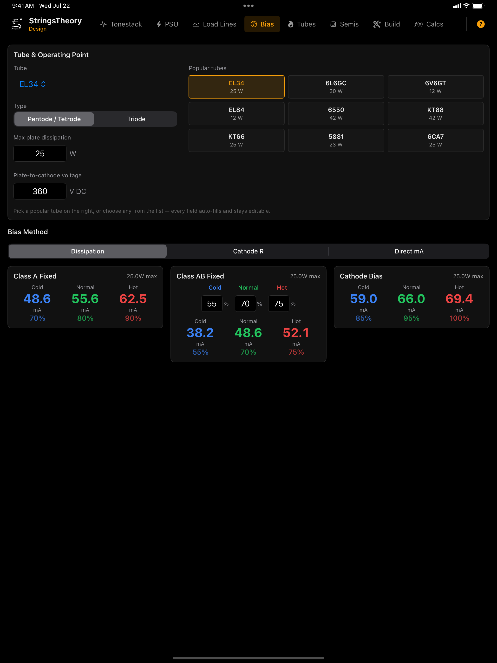 Bias calculator on iPad — three bias methods with plate-dissipation gauge