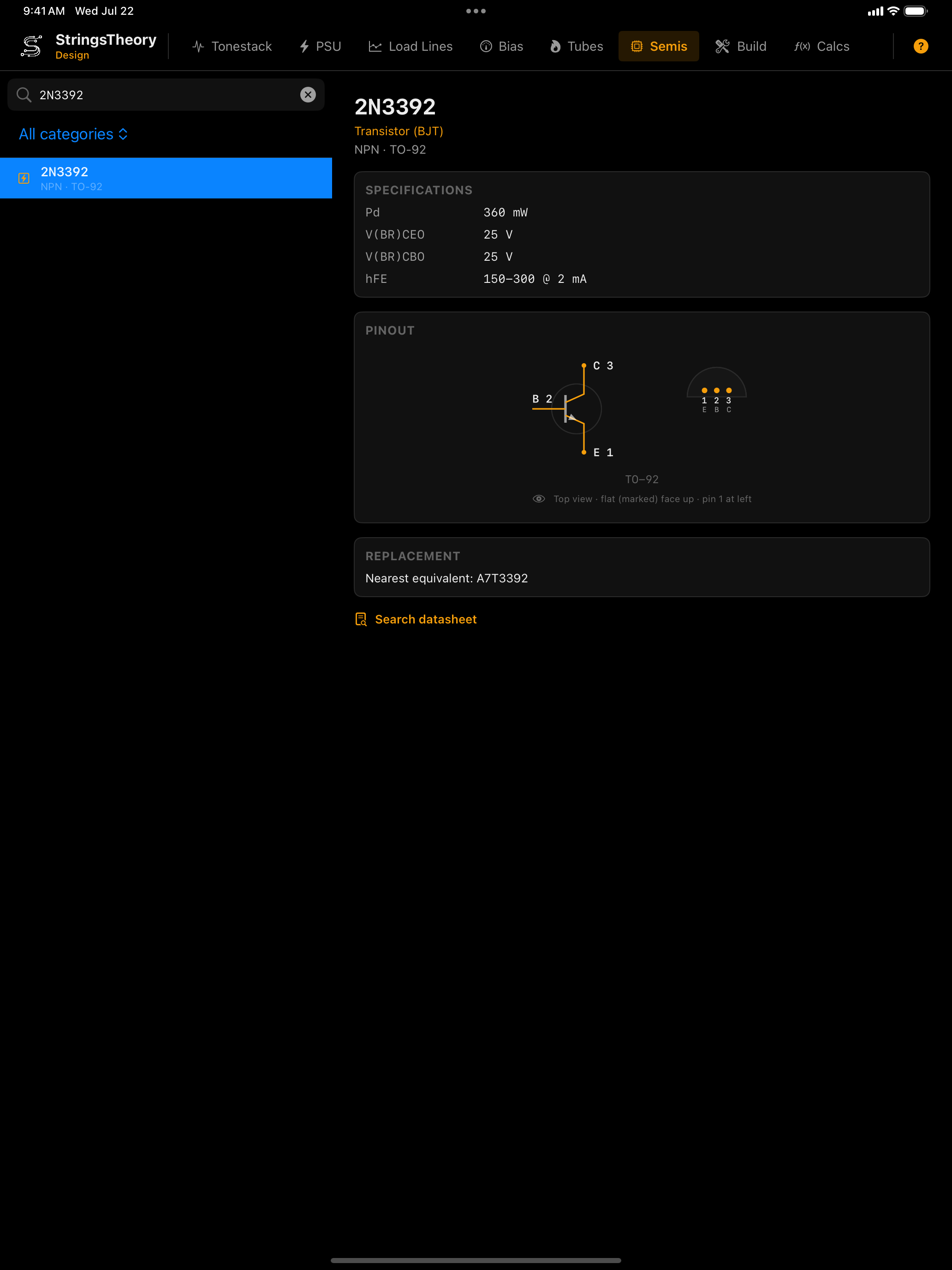 Semiconductors database on iPad — 2N3392 entry with specifications and TO-92 pinout