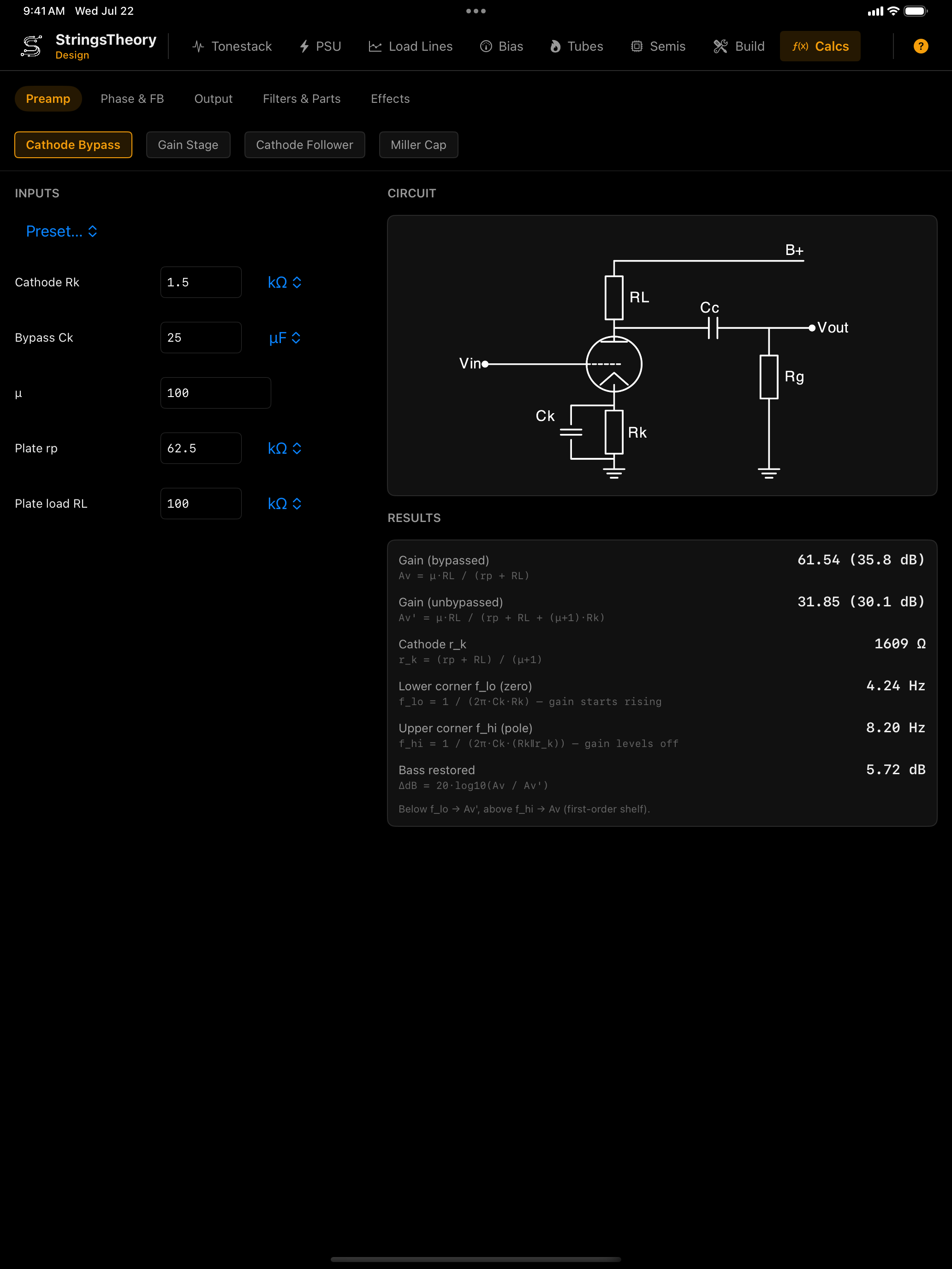 Circuit Calcs on iPad — Cathode Bypass calculator with live results