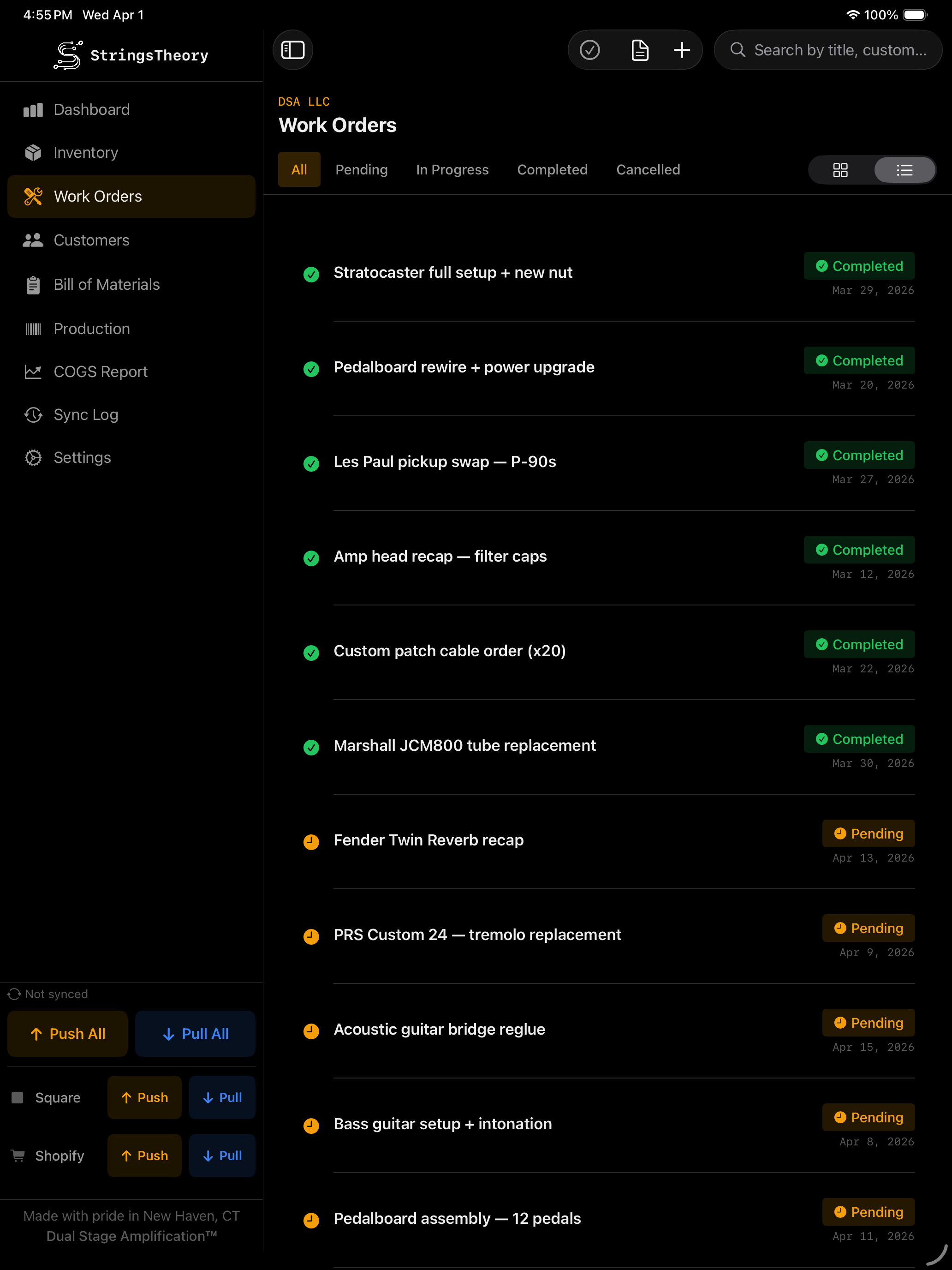 StringsTheory work order Kanban board on iPad