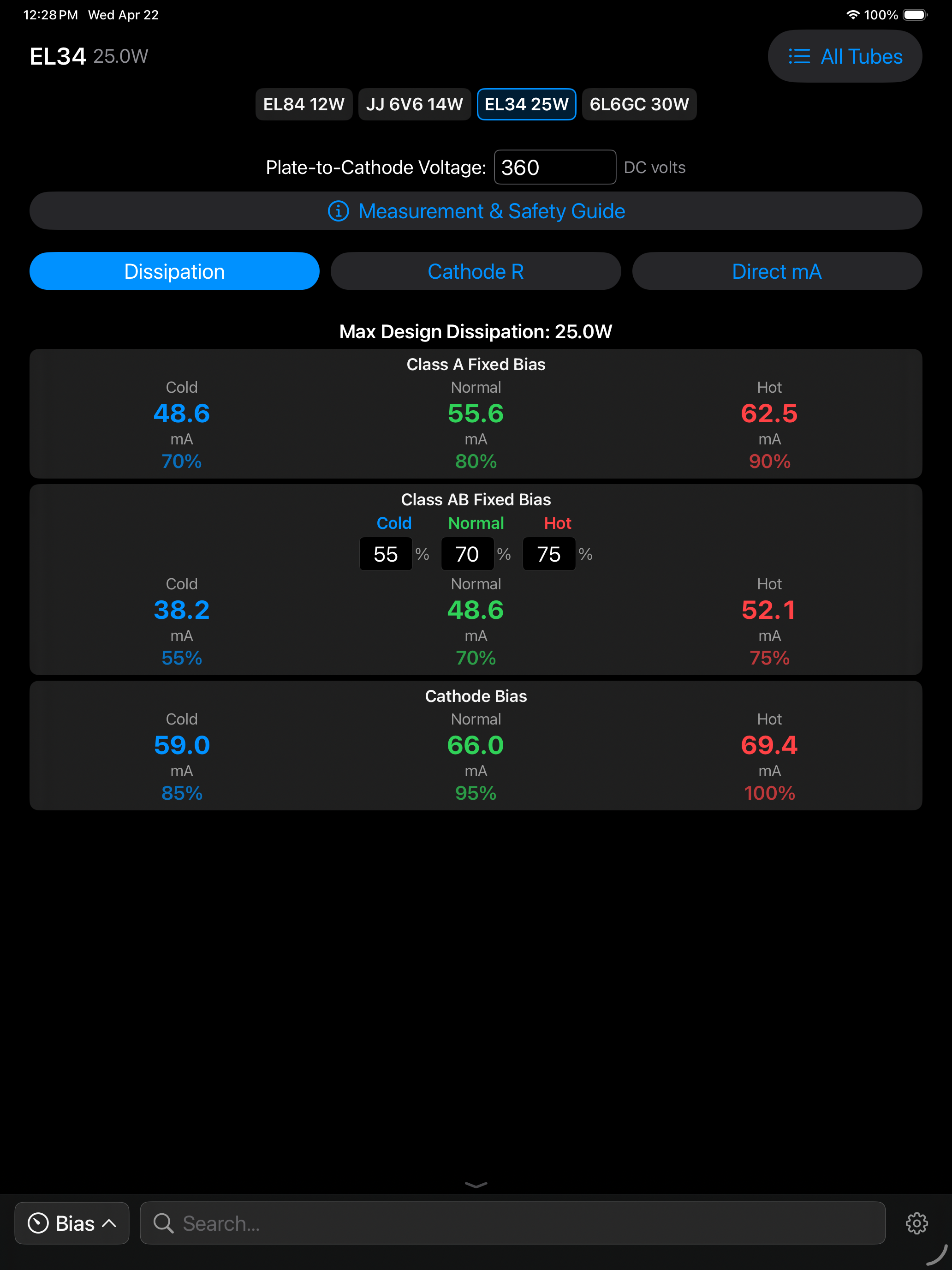 Tube bias calculator on iPad
