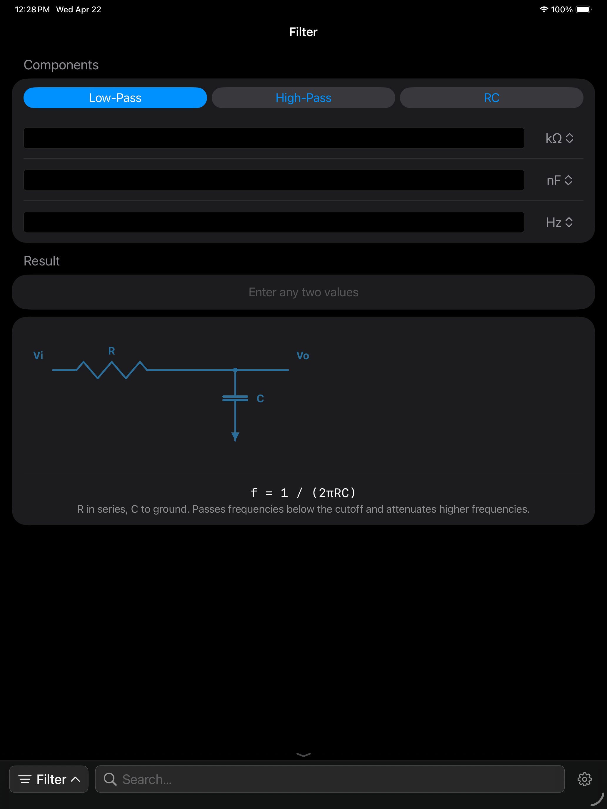 RC filter calculator on iPad