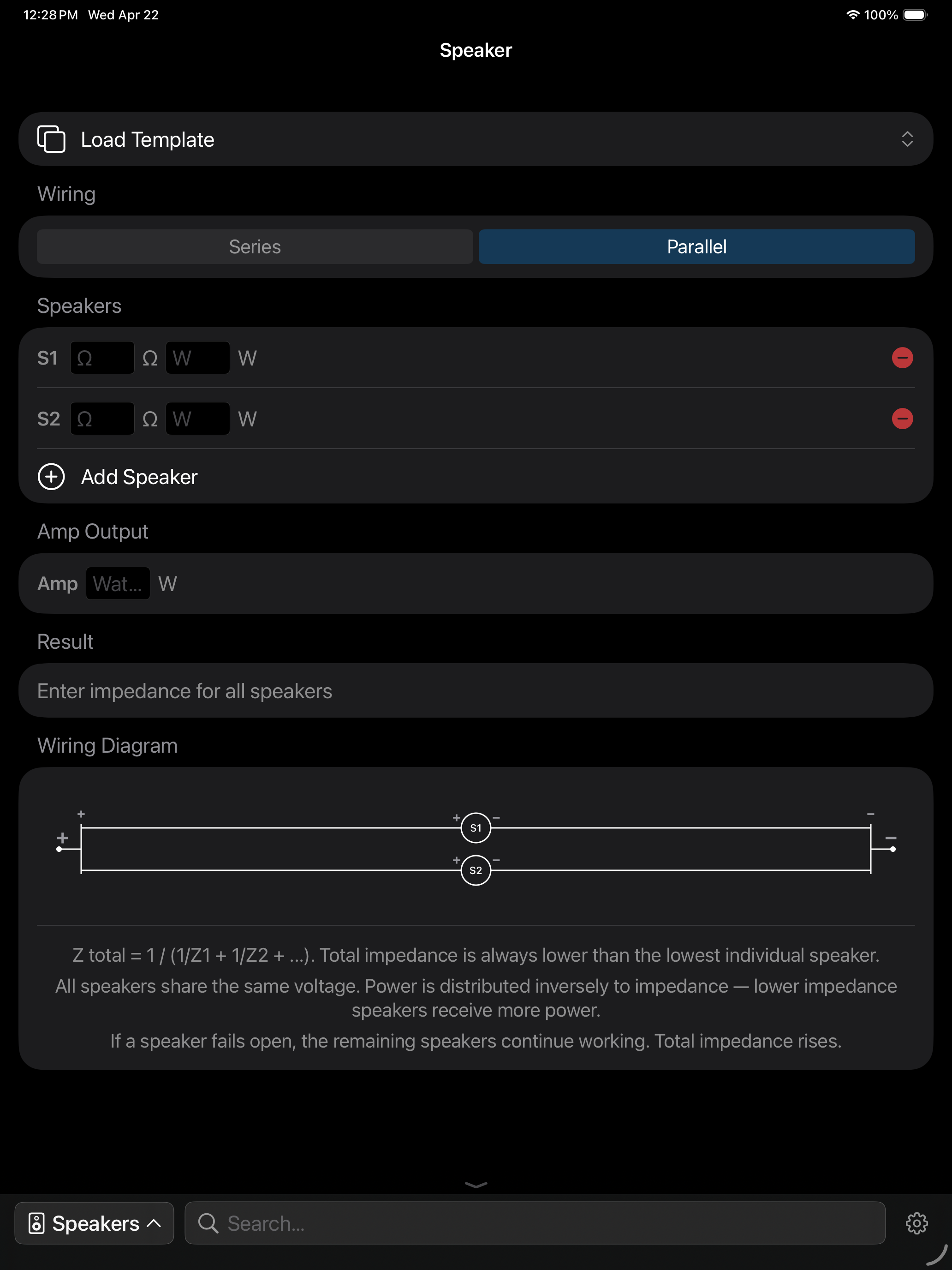 Speaker calculator on iPad