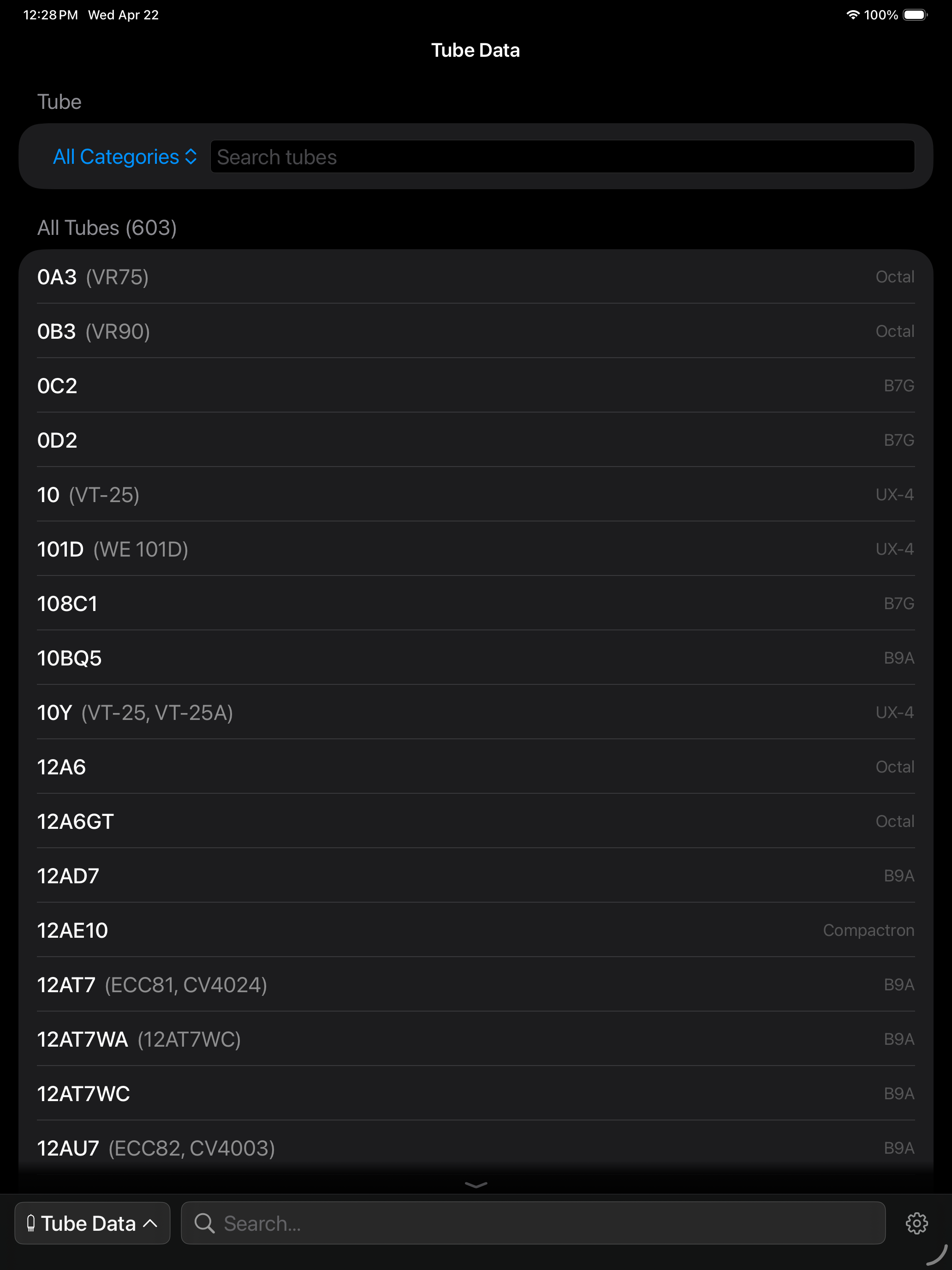 Tube database on iPad
