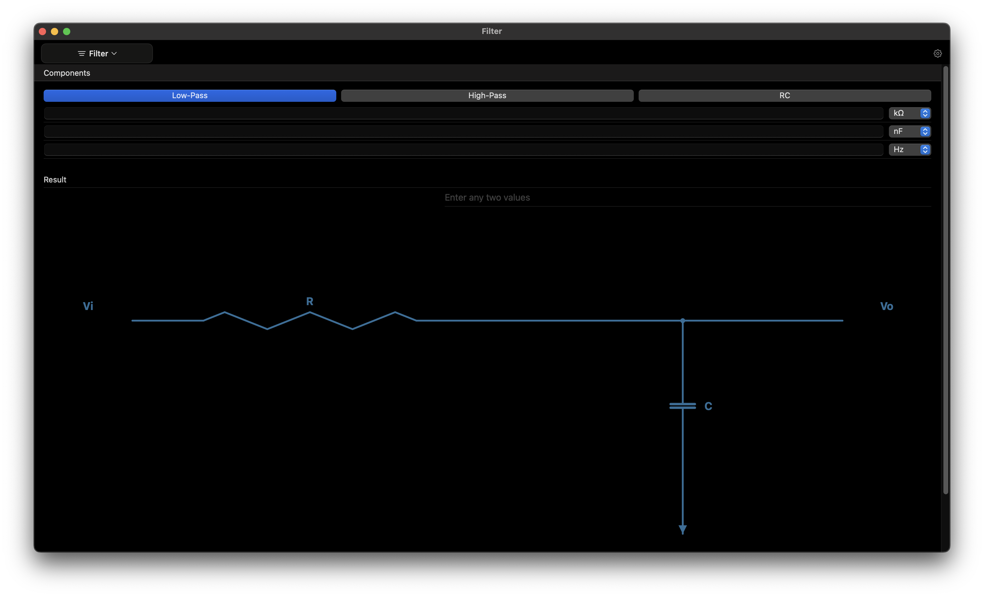 RC filter calculator on Mac